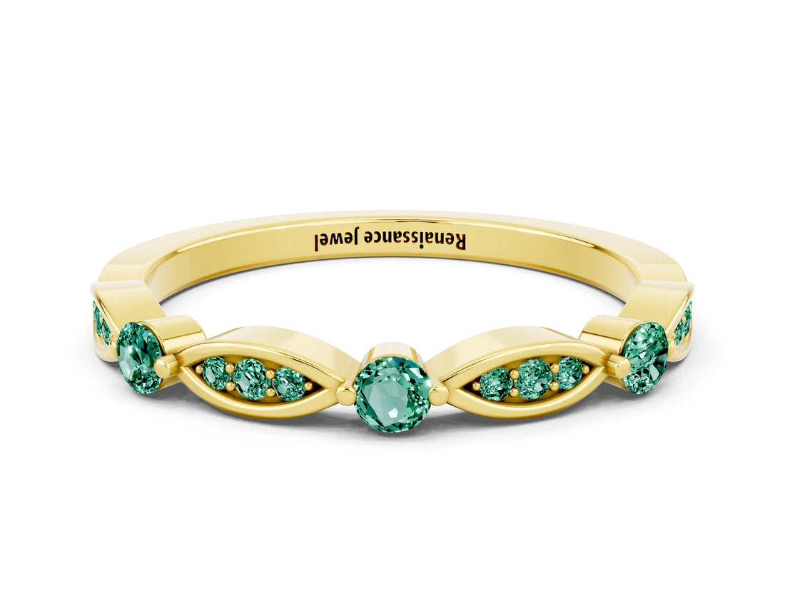 Yellow gold Marquise and Round Green Sapphire Milgrain Band with Bezel Setting_6