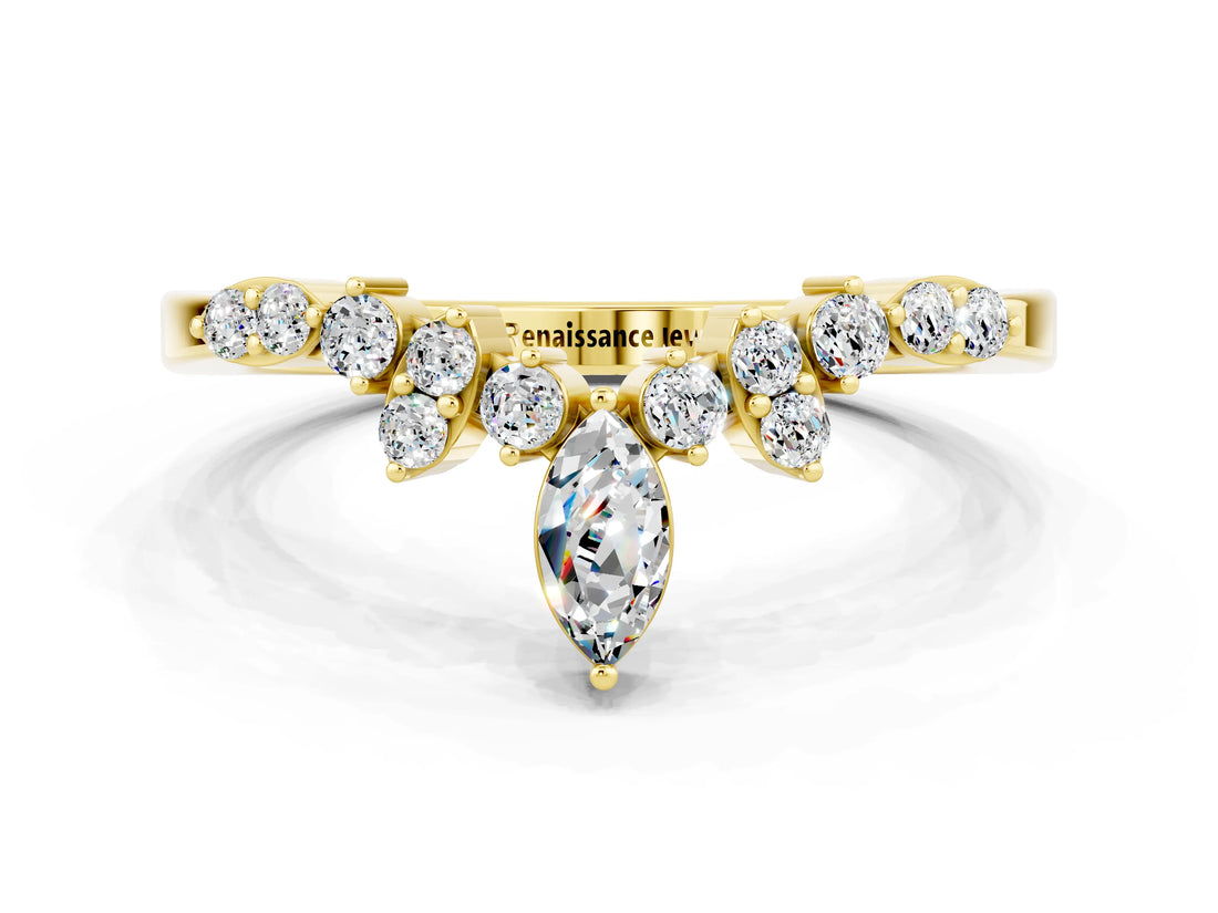 Yellow gold Marquise and Round Moissanite Chevron Band with Prong Setting_6