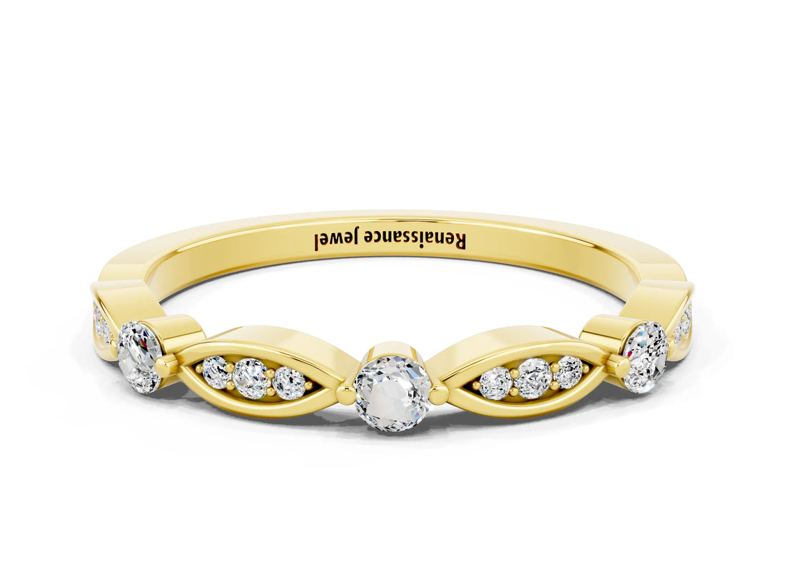 Yellow gold Marquise and Round Moissanite Milgrain Band with Bezel Setting_6