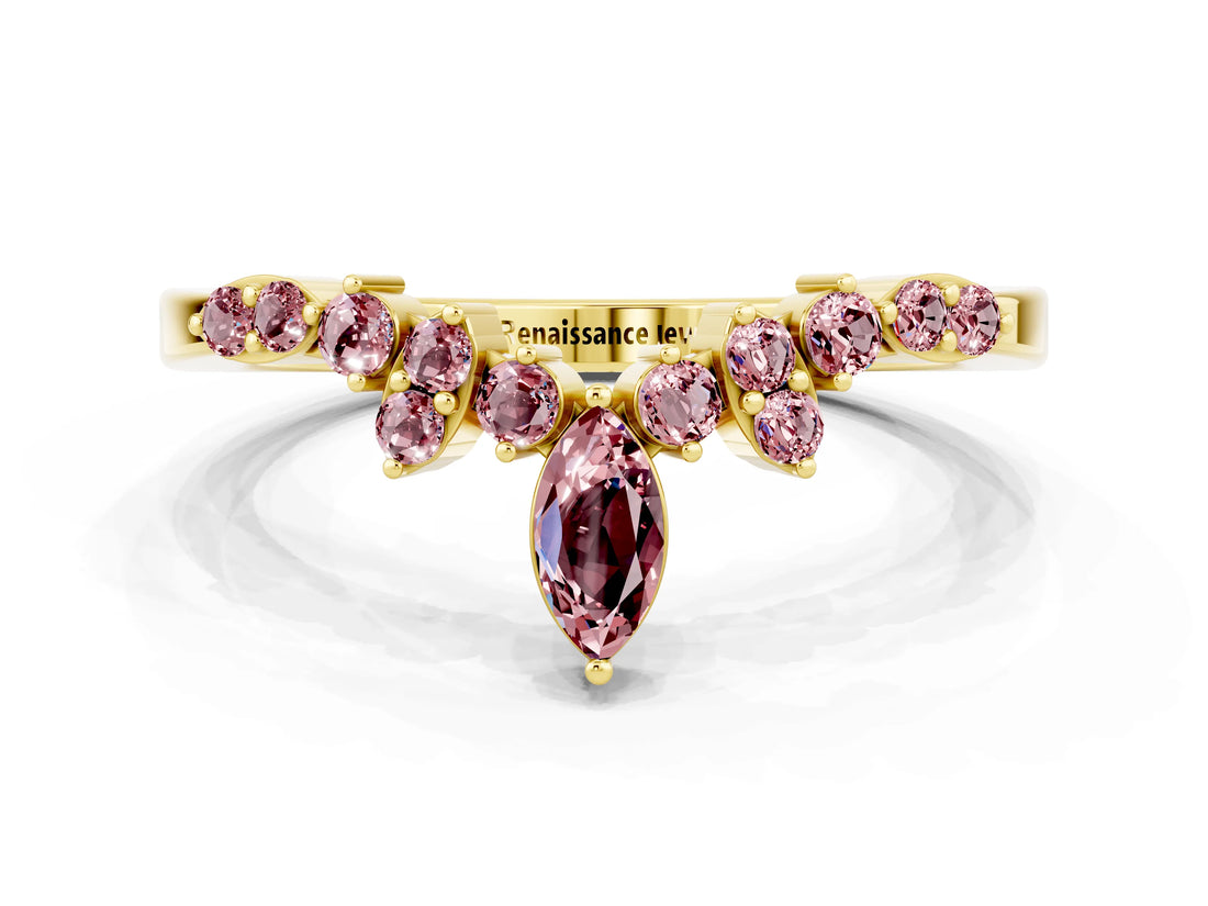 Yellow gold Marquise and Round Morganite Chevron Band with Prong Setting_12