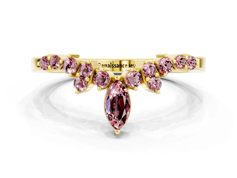 Yellow gold Marquise and Round Morganite Chevron Band with Prong Setting_12