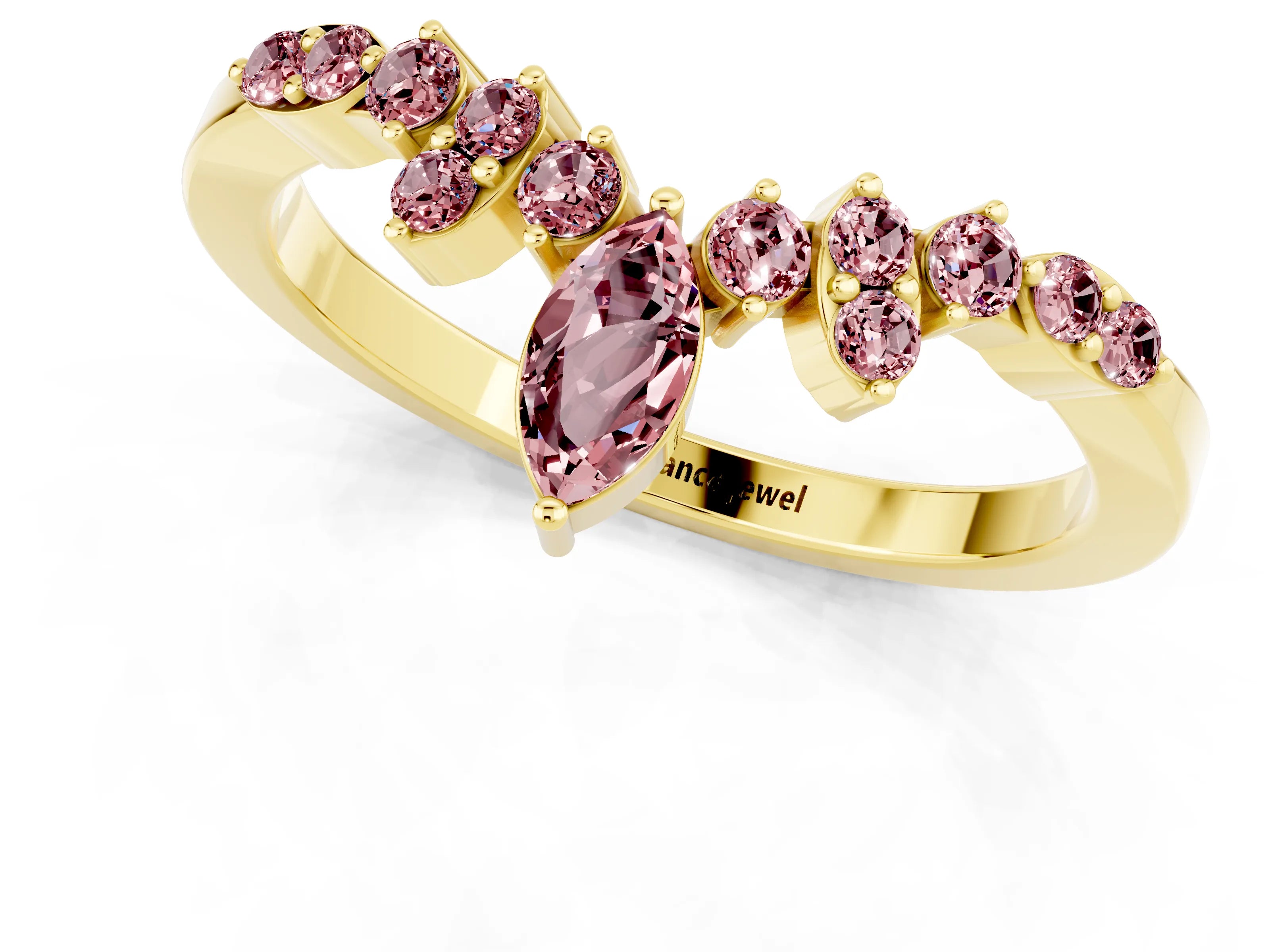 Yellow gold Marquise and Round Morganite Chevron Band with Prong Setting_13