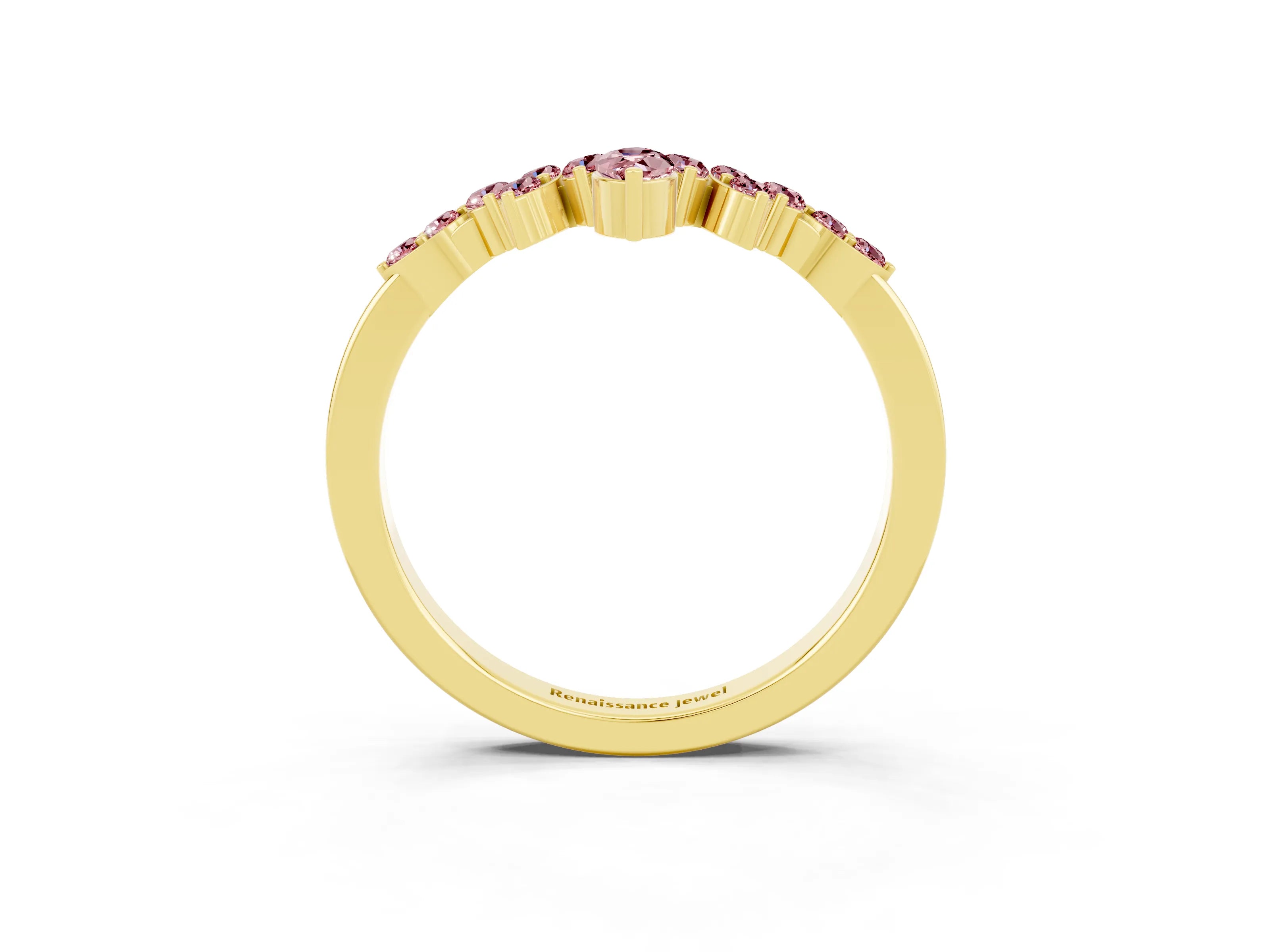 Yellow gold Marquise and Round Morganite Chevron Band with Prong Setting_15