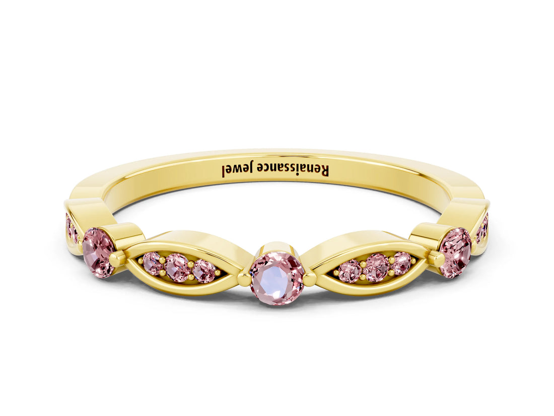Yellow gold Marquise and Round Morganite Milgrain Band with Bezel Setting_6
