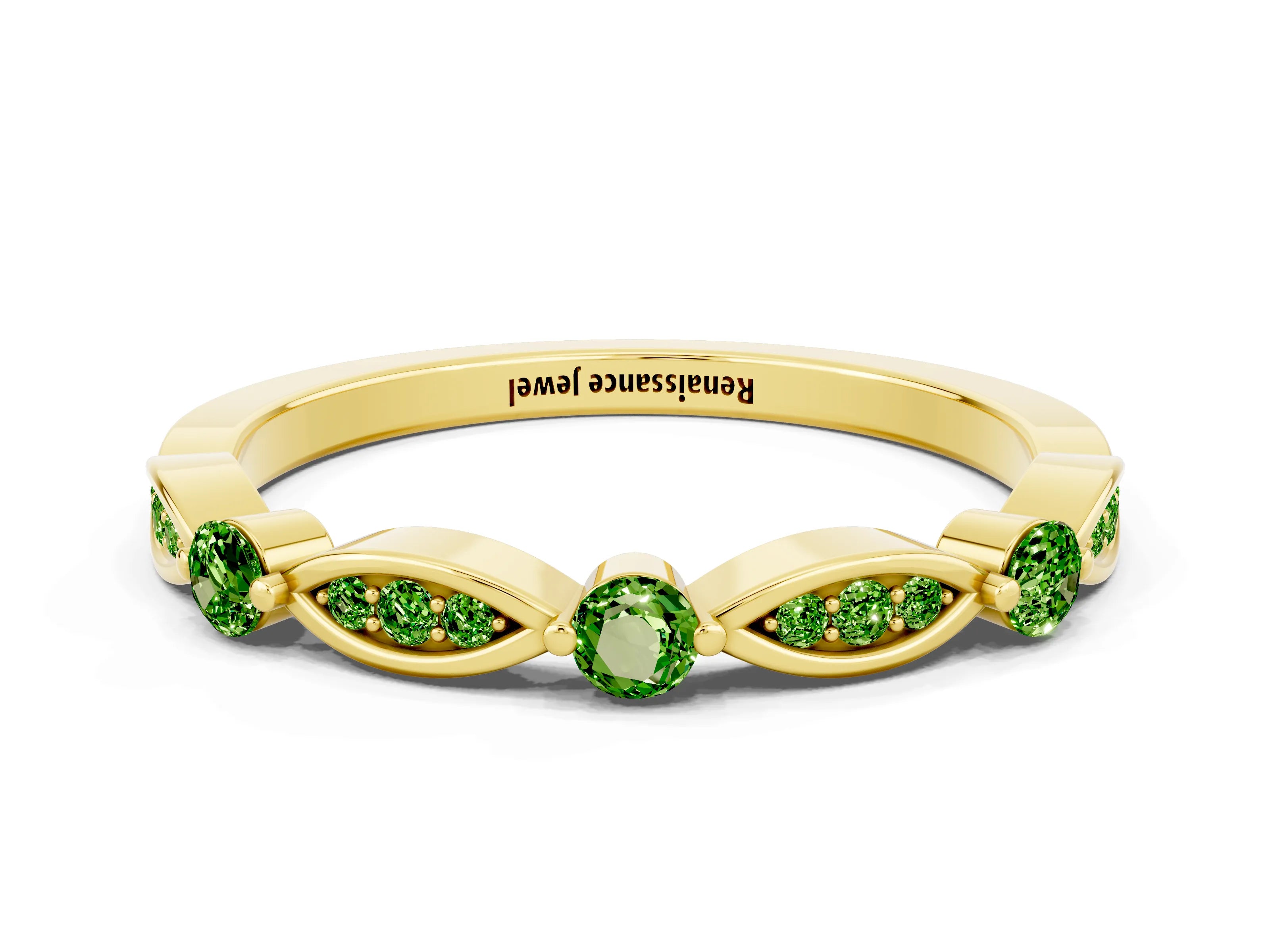 Yellow gold Marquise and Round Peridot Milgrain Band with Bezel Setting_6