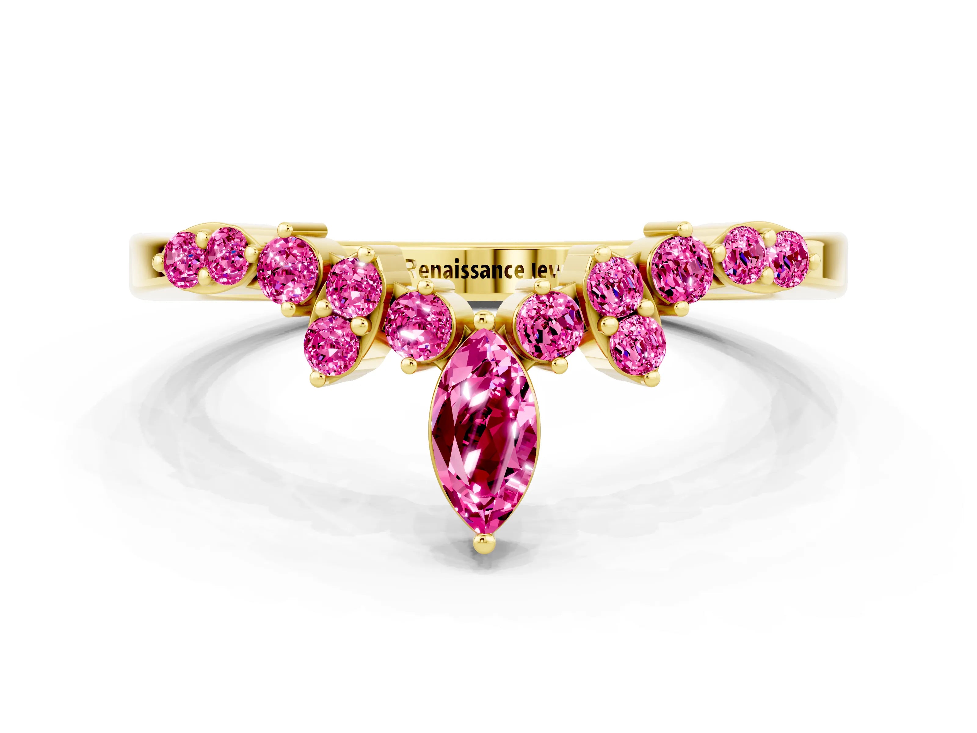 Yellow gold Marquise and Round Pink Sapphire Chevron Band with Prong Setting_18