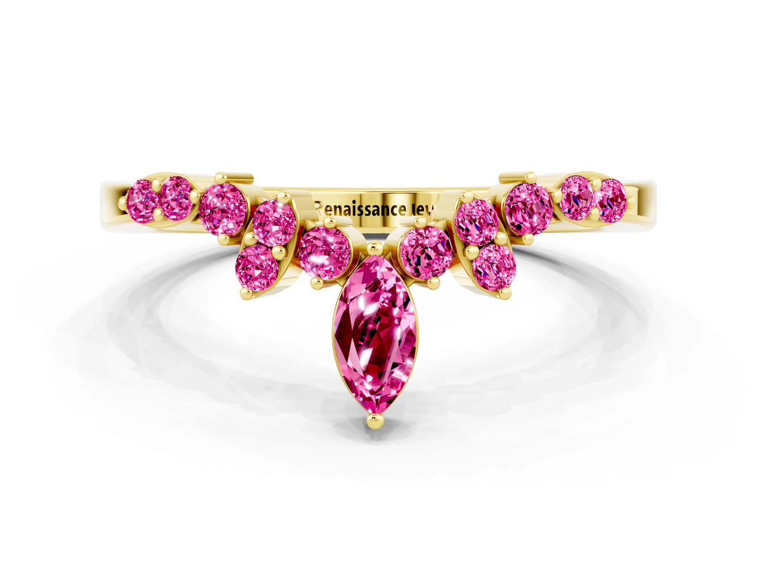 Yellow gold Marquise and Round Pink Sapphire Chevron Band with Prong Setting_18