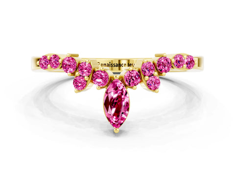 Yellow gold Marquise and Round Pink Sapphire Chevron Band with Prong Setting_18