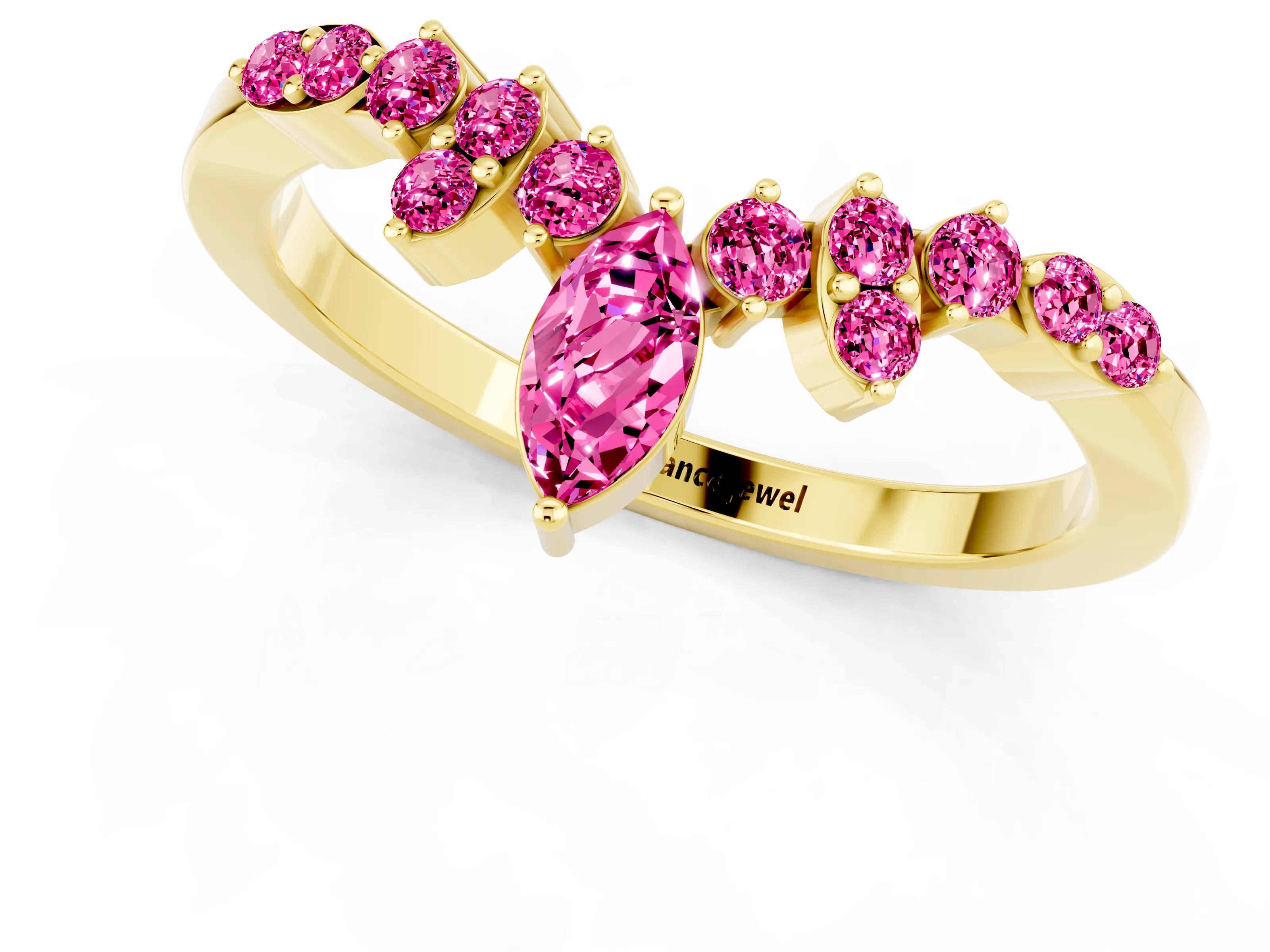 Yellow gold Marquise and Round Pink Sapphire Chevron Band with Prong Setting_19