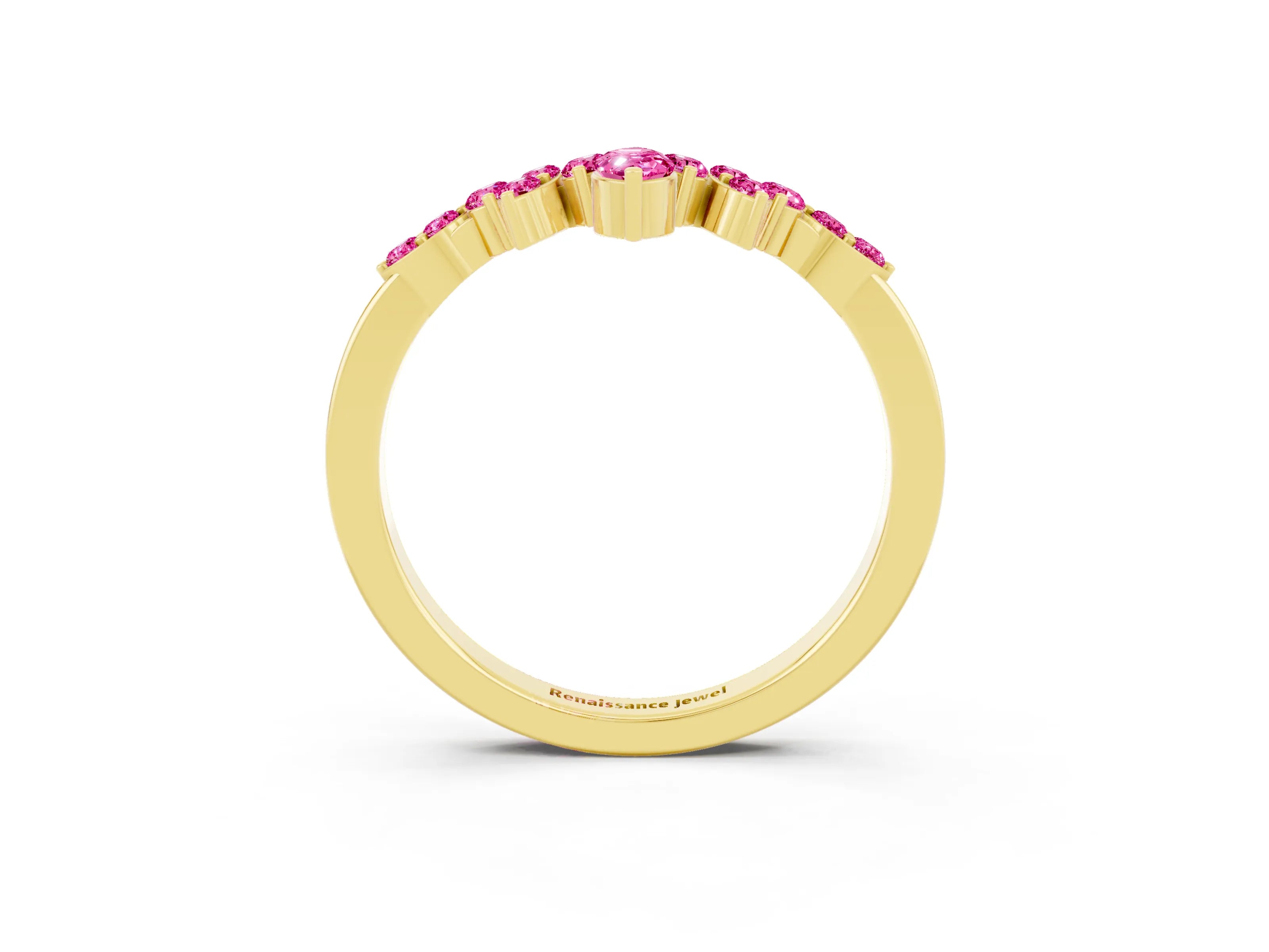 Yellow gold Marquise and Round Pink Sapphire Chevron Band with Prong Setting_21