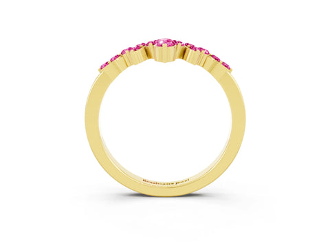 Yellow gold Marquise and Round Pink Sapphire Chevron Band with Prong Setting_21