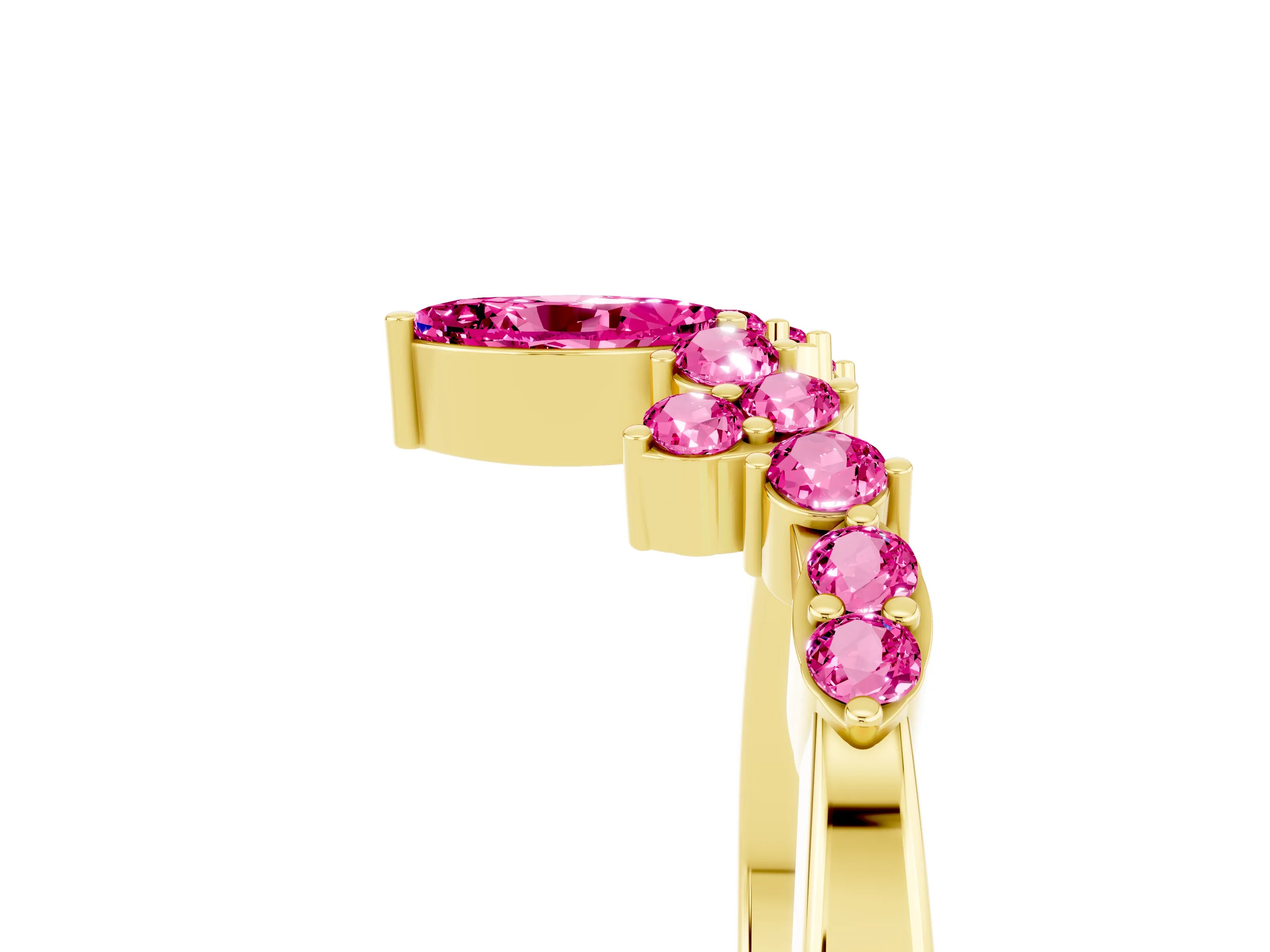 Yellow gold Marquise and Round Pink Sapphire Chevron Band with Prong Setting_23