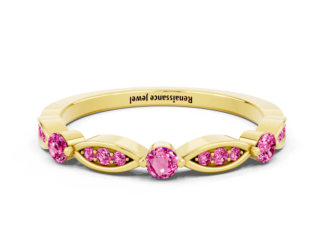 Yellow gold Marquise and Round Pink Sapphire Milgrain Band with Bezel Setting_6