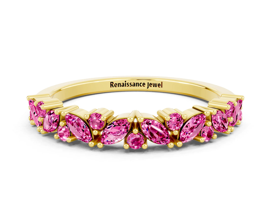 Yellow gold Marquise and Round Pink Sapphire Vine Eternity Band with Prong Setting_18