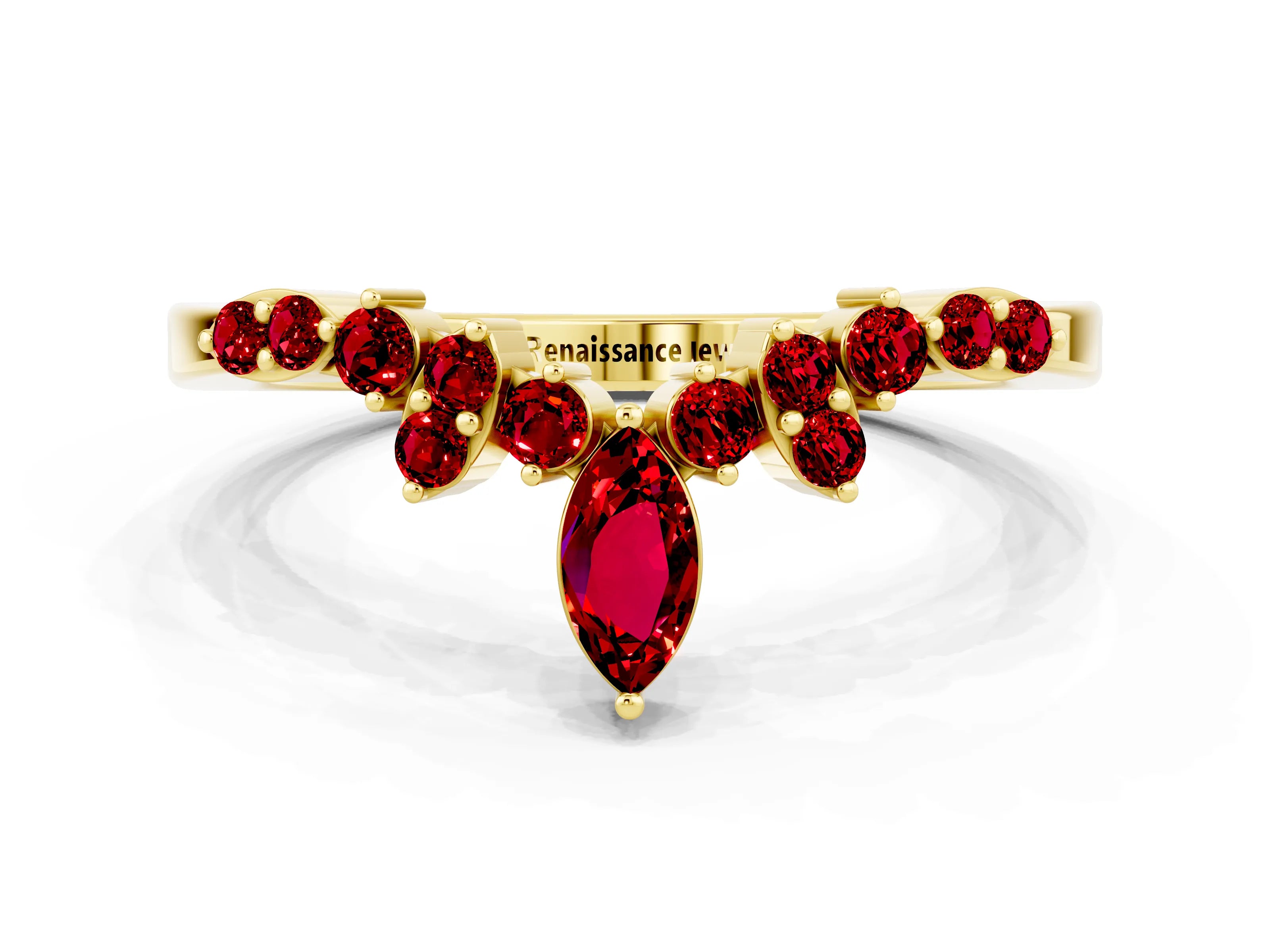 Yellow gold Marquise and Round Ruby Chevron Band with Prong Setting_6