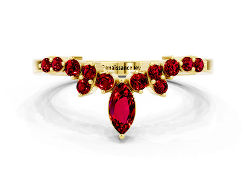 Yellow gold Marquise and Round Ruby Chevron Band with Prong Setting_6