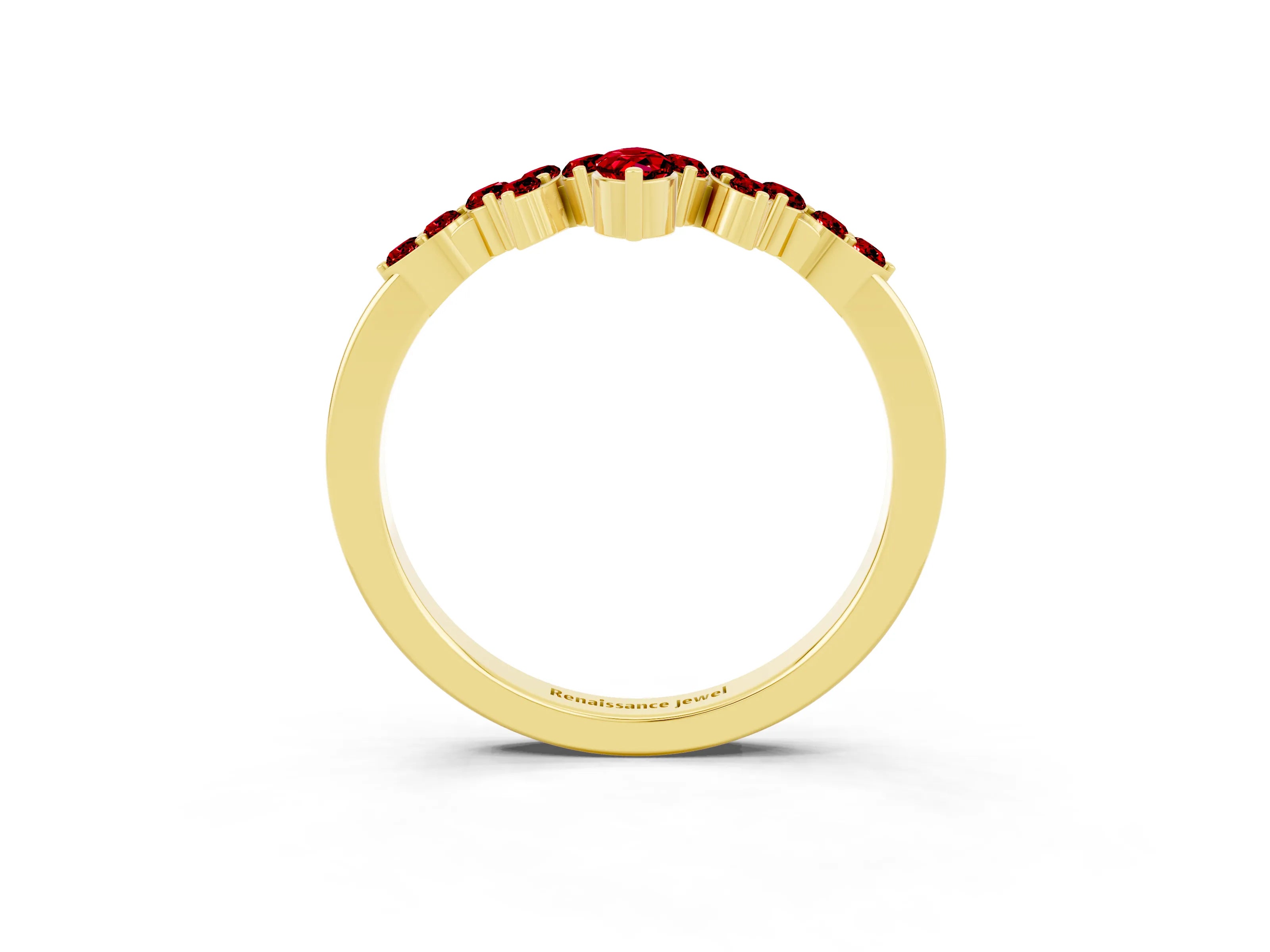 Yellow gold Marquise and Round Ruby Chevron Band with Prong Setting_9