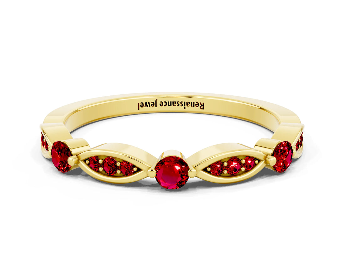 Yellow gold Marquise and Round Ruby Milgrain Band with Bezel Setting_6