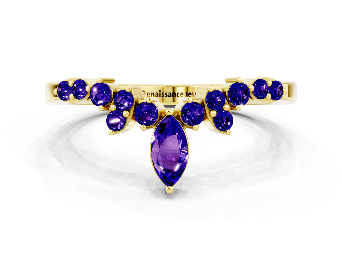 Yellow gold Marquise and Round Tanzanite Chevron Band with Prong Setting_6
