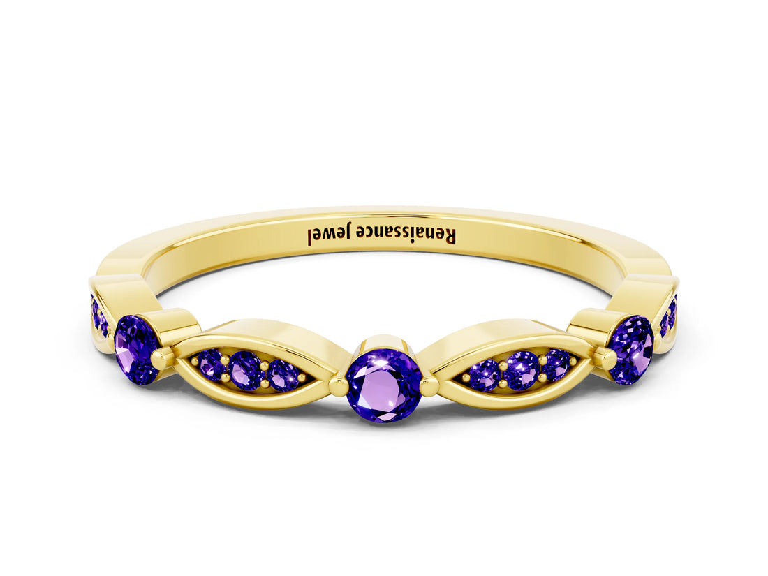 Yellow gold Marquise and Round Tanzanite Milgrain Band with Bezel Setting_6