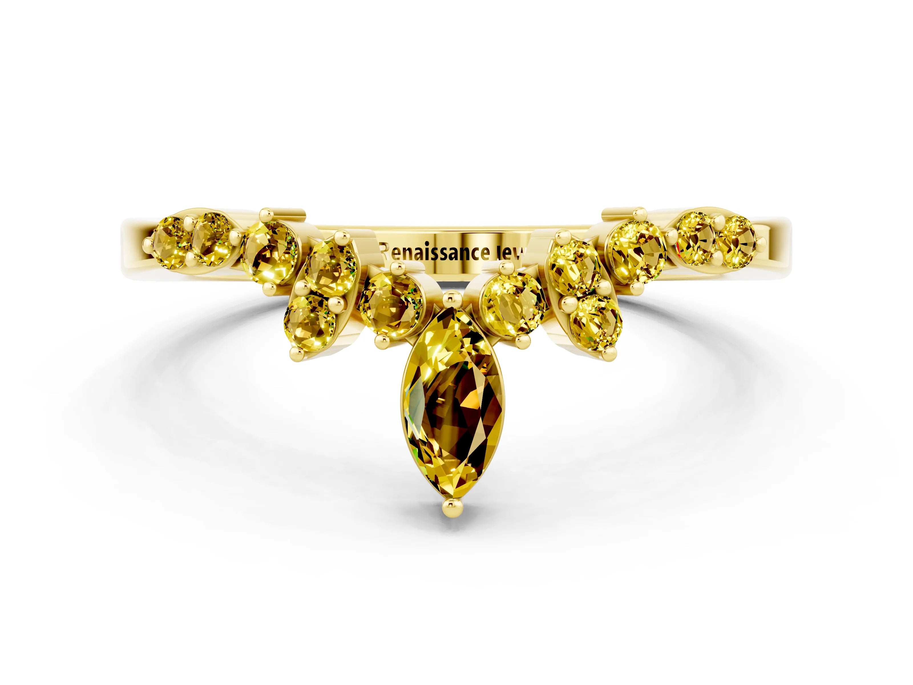 Yellow gold Marquise and Round Yellow Sapphire Chevron Band with Prong Setting_18