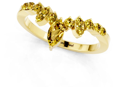 Yellow gold Marquise and Round Yellow Sapphire Chevron Band with Prong Setting_19