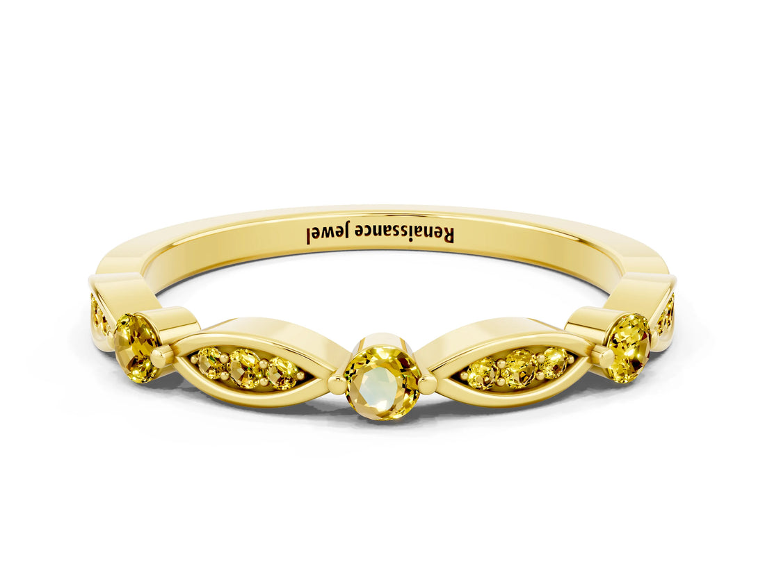 Yellow gold Marquise and Round Yellow Sapphire Milgrain Band with Bezel Setting_6