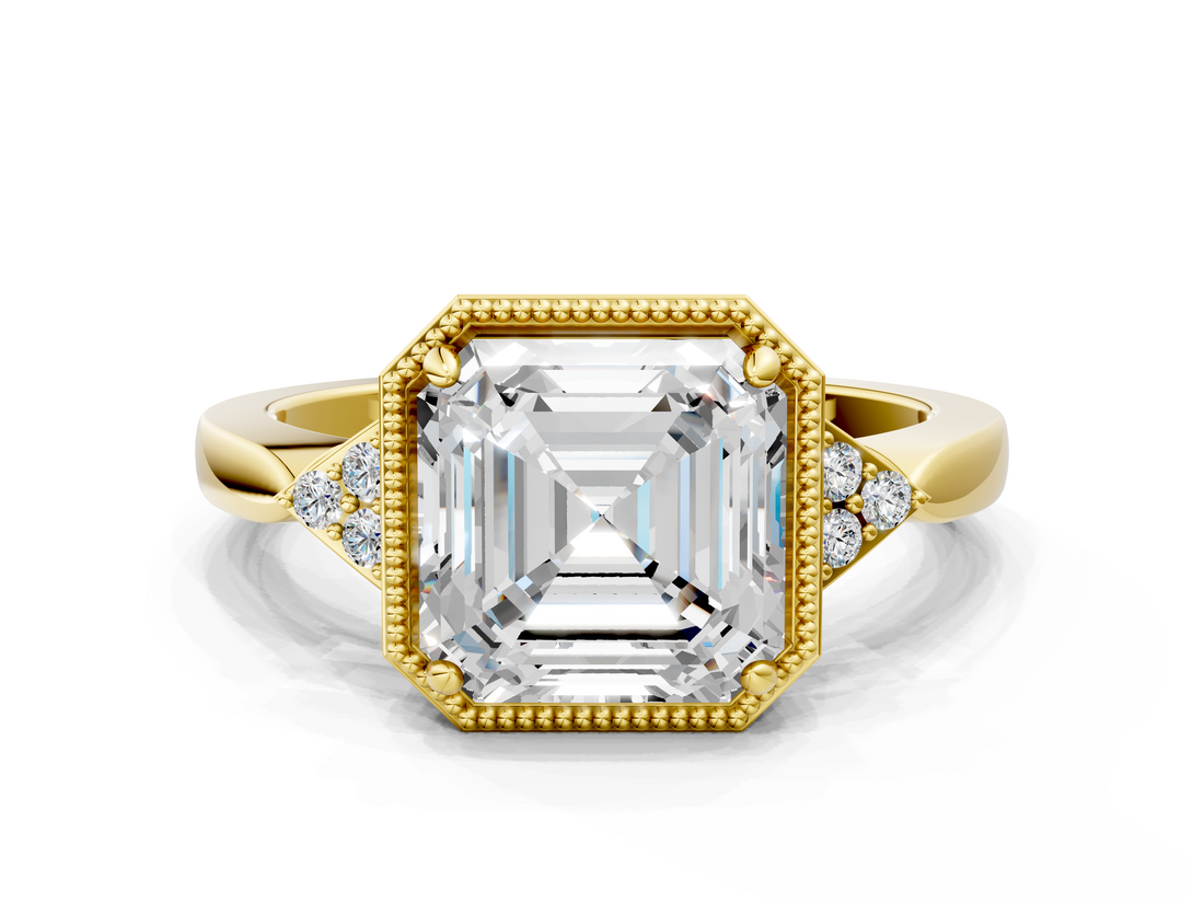 Yellow gold Milgrain Asscher Cut Diamond Ring with Tapered Pave Band and Four Prong Setting_49