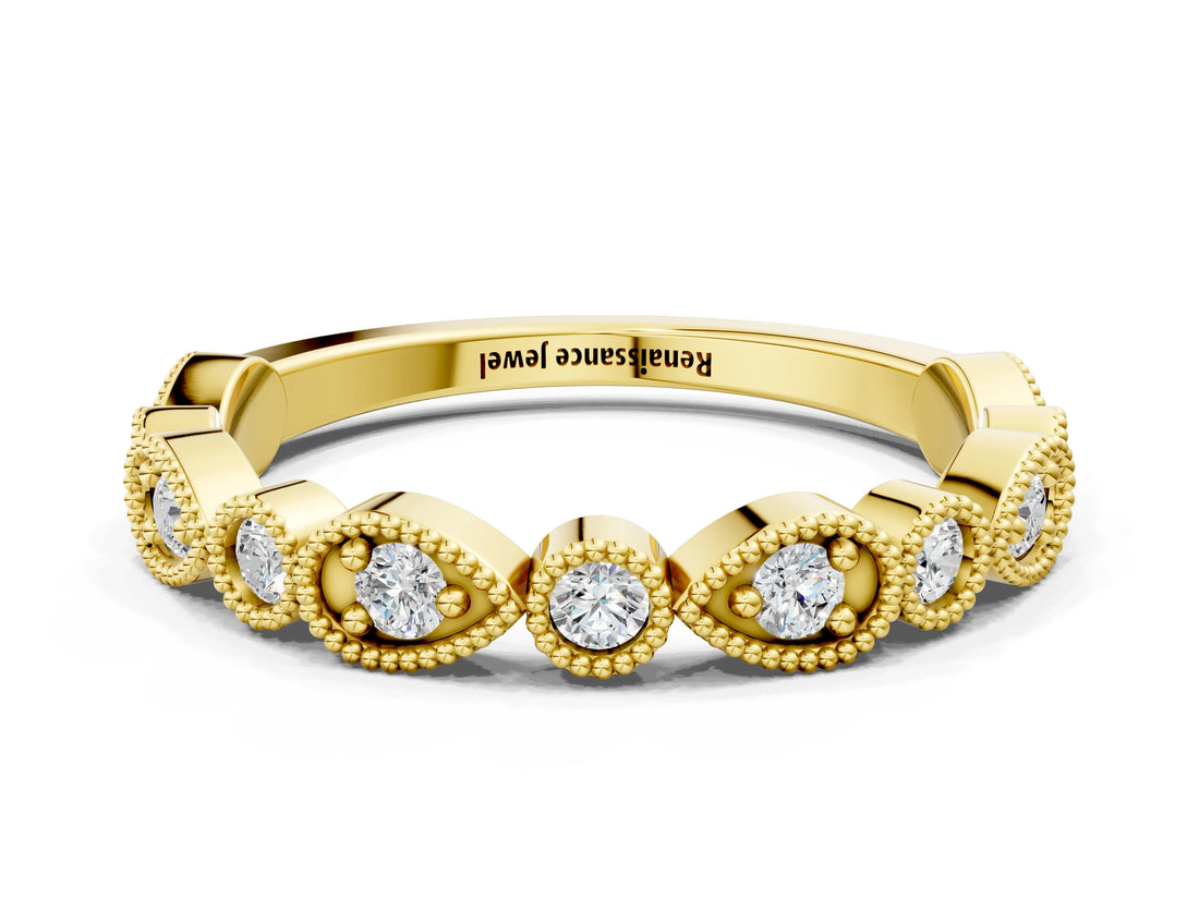 Yellow gold Milgrain Bezel Set Pear and Round Diamond Eternity Band_9