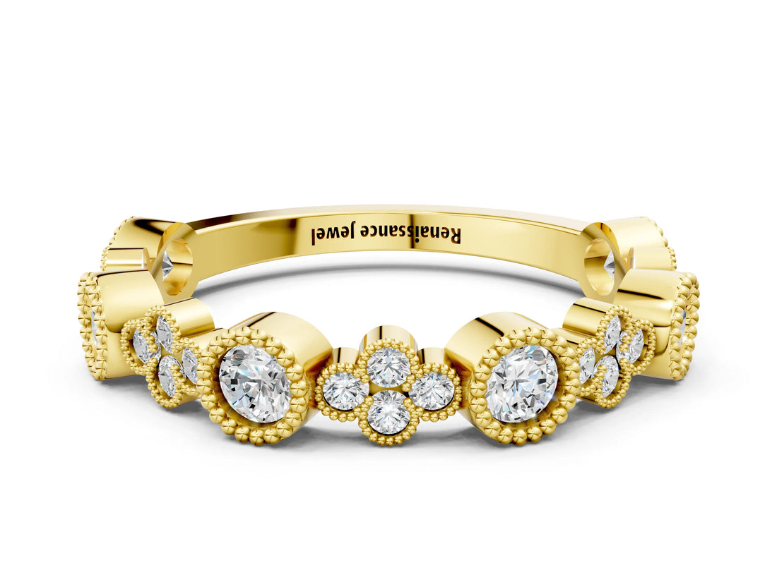 Yellow gold Milgrain Bezel Set Round Diamond Cluster Eternity Band_9