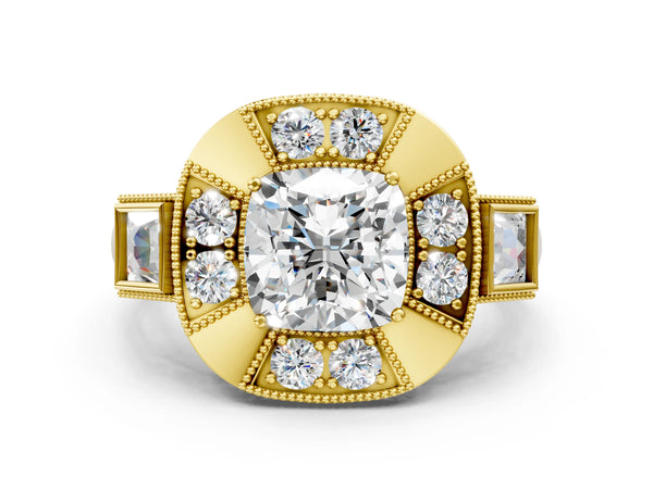 Yellow Gold Cushion Cut Vintage Halo Engagement Ring Setting