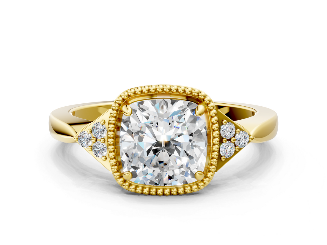 Yellow gold Milgrain Cushion Cut Diamond Ring with Tapered Pave Band and Four Prong Setting_3
