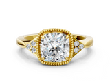 Yellow gold Milgrain Cushion Cut Diamond Ring with Tapered Pave Band and Four Prong Setting_3