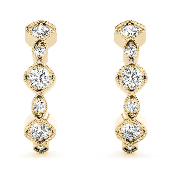 Yellow gold Milgrain Cushion and Marquise Diamond Hoop Earrings 2