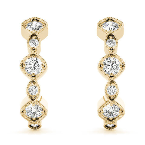 Yellow gold Milgrain Cushion and Marquise Diamond Hoop Earrings 2