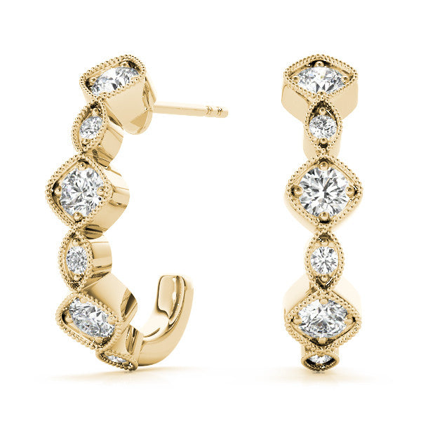 Yellow gold Milgrain Cushion and Marquise Diamond Hoop Earrings