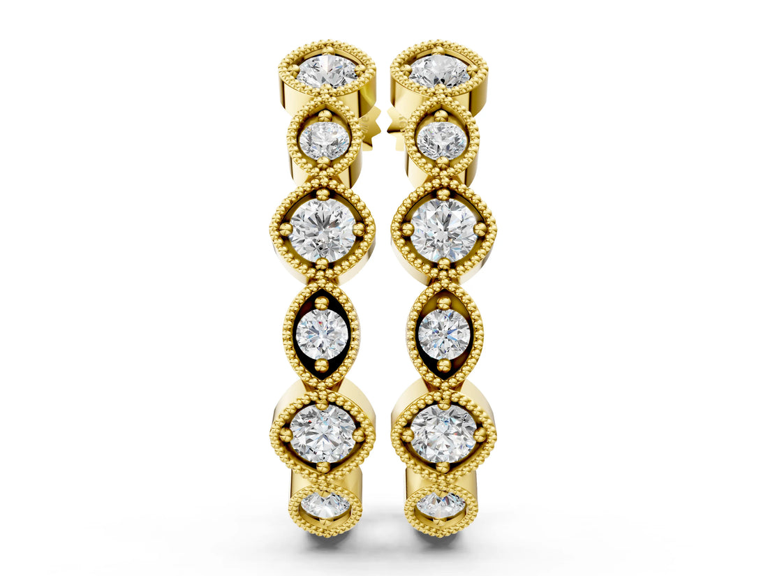 Yellow gold Milgrain Cushion and Marquise Diamond Hoop Earrings_9