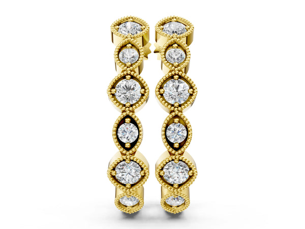 Yellow gold Milgrain Cushion and Marquise Diamond Hoop Earrings