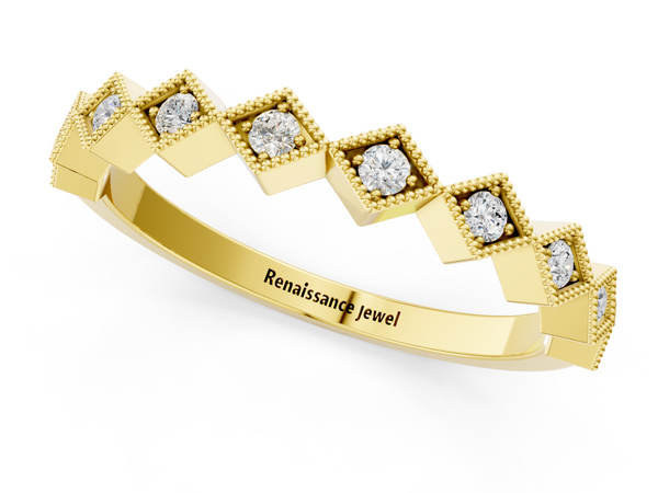 Yellow gold Milgrain Diamond Geometric Stackable Band with Round Cut Stones and Bezel Setting