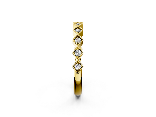 Yellow gold Milgrain Diamond Geometric Stackable Band with Round Cut Stones and Bezel Setting
