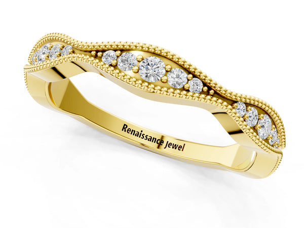 Yellow gold Milgrain Diamond Marquise Curved Band with Pavé Setting