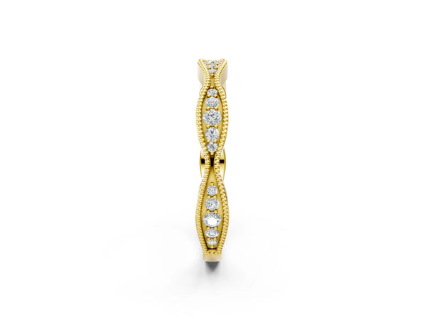 Yellow gold Milgrain Diamond Marquise Curved Band with Pavé Setting