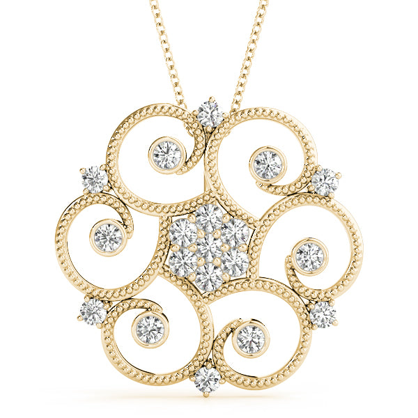 Yellow gold Milgrain Diamond Round Swirl Pendant with Prong Setting