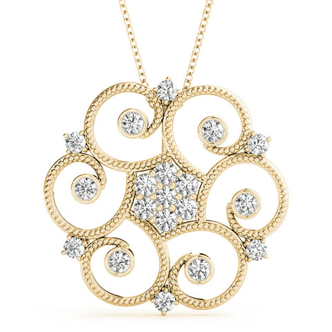 Yellow gold Milgrain Diamond Round Swirl Pendant with Prong Setting