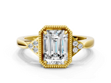 Yellow gold Milgrain Emerald Cut Diamond Ring with Tapered Pave Band and Four Prong Setting_15