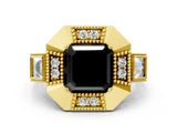 Yellow gold Milgrain Fancy Black Asscher Cut Diamond Halo Split Shank Ring