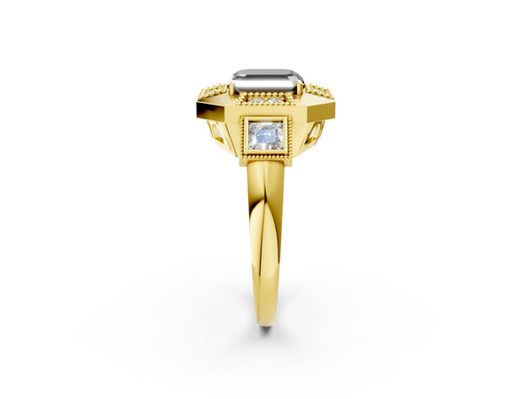 Yellow Gold Asscher Cut Vintage Milgrain Halo Engagement Ring Setting for Black Center