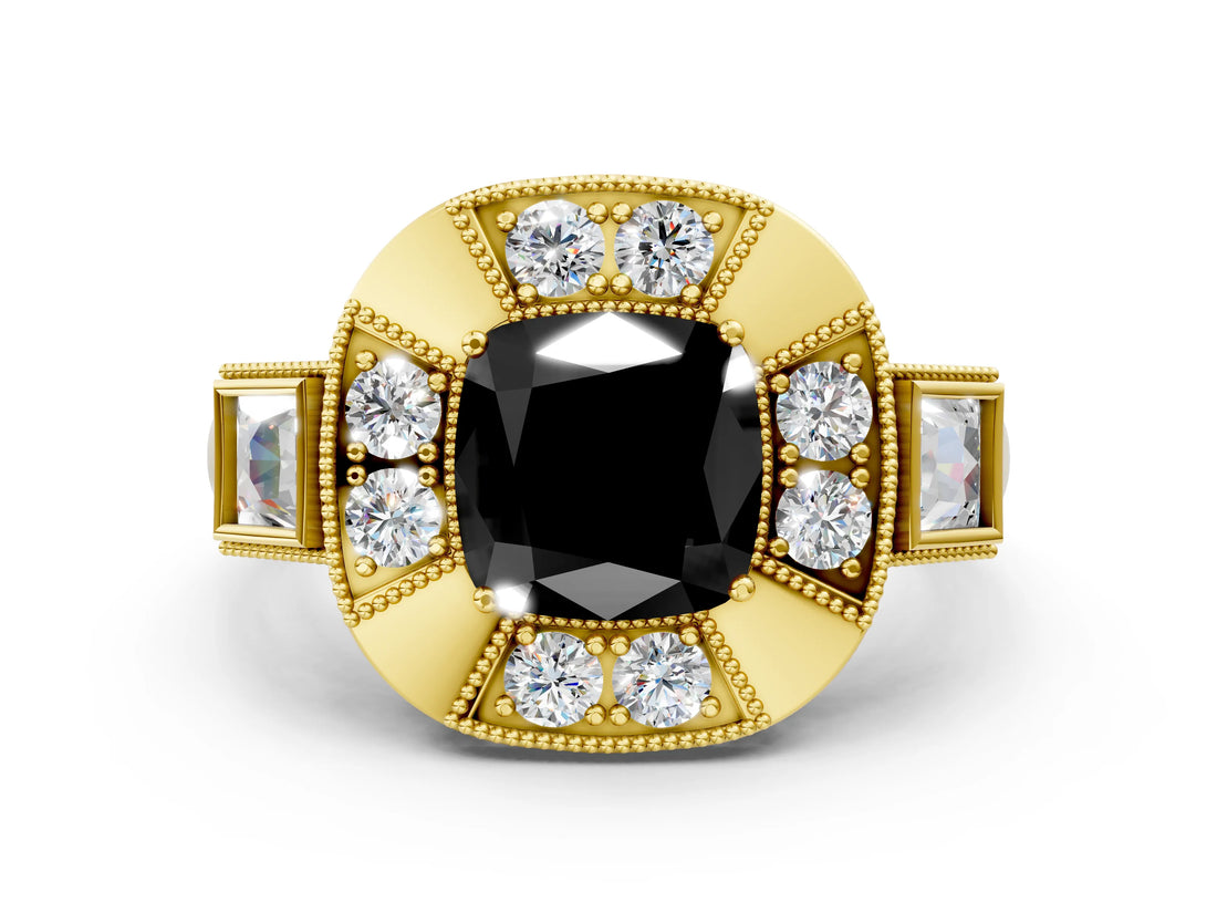 Yellow gold Milgrain Fancy Black Cushion Cut Diamond Halo Split Shank Ring