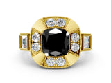 Yellow gold Milgrain Fancy Black Cushion Cut Diamond Halo Split Shank Ring