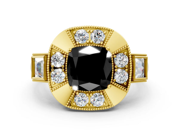 Yellow Gold Cushion Cut Vintage Milgrain Halo Engagement Ring Setting for Black Center